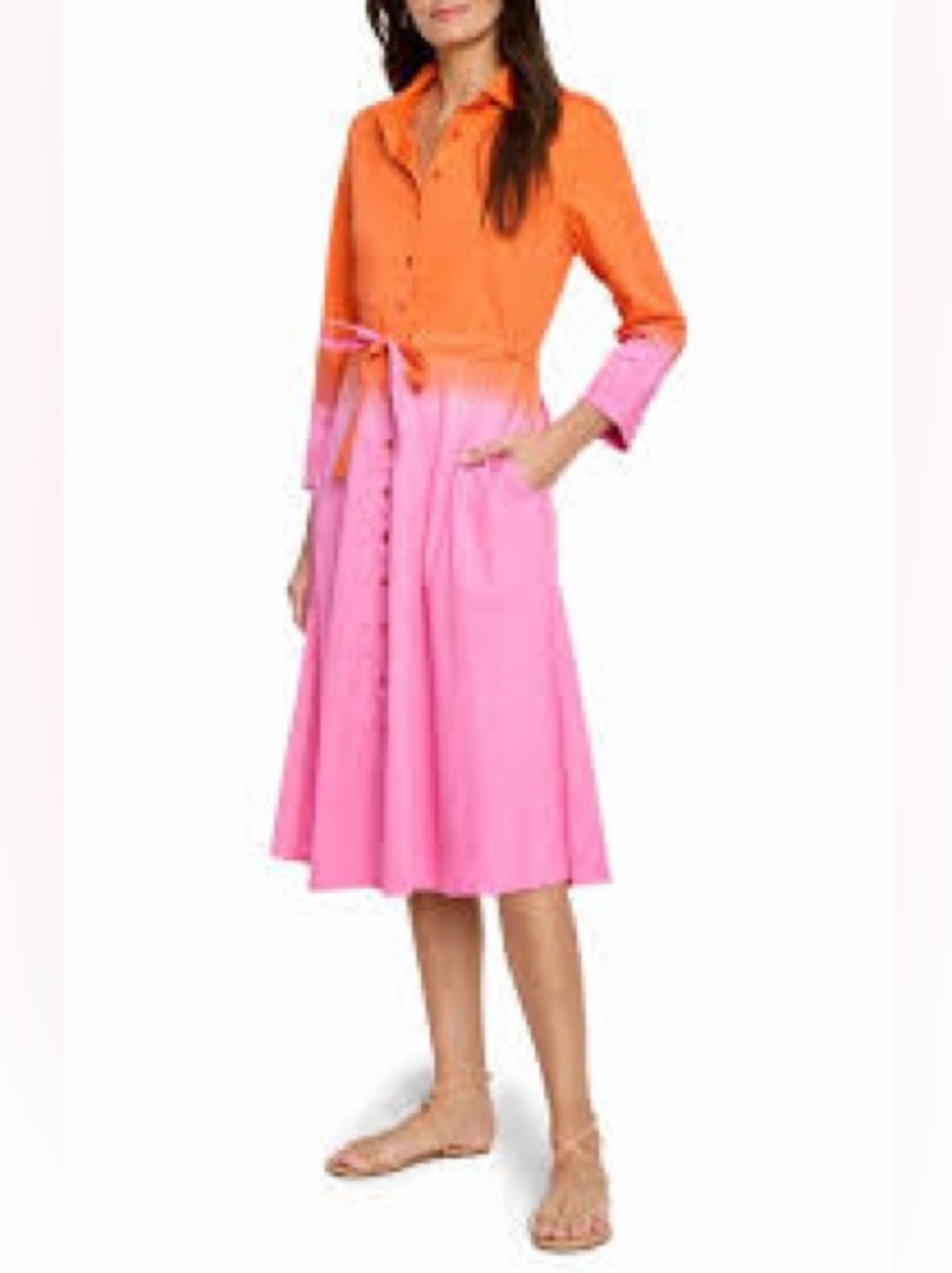 NIC+ZOE Orange and Pink Button-Front Midi Shirt Dress